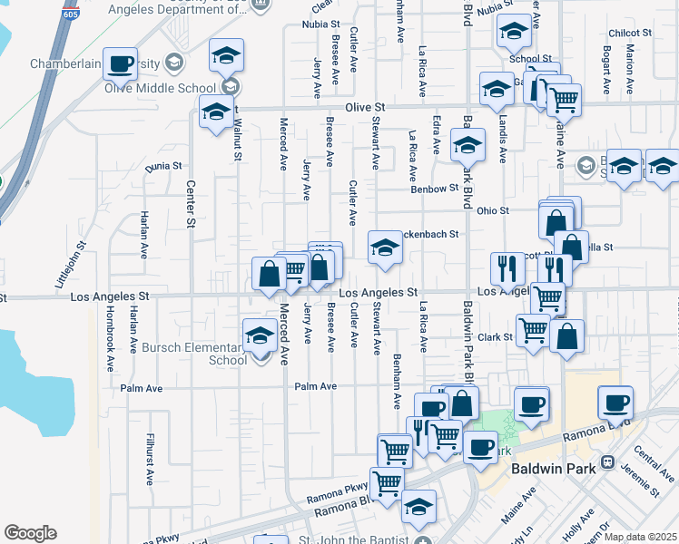 map of restaurants, bars, coffee shops, grocery stores, and more near 13924 Belgate Street in Baldwin Park