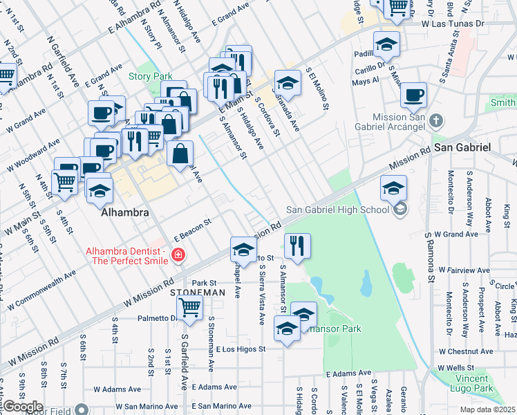 map of restaurants, bars, coffee shops, grocery stores, and more near 511 South Almansor Street in Alhambra