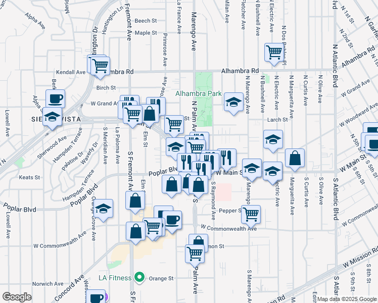 map of restaurants, bars, coffee shops, grocery stores, and more near 2239 West Main Street in Alhambra