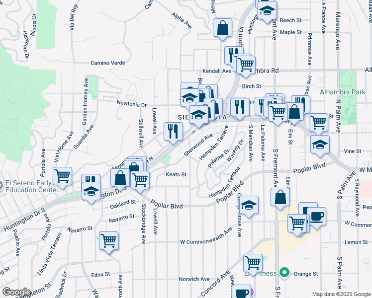 map of restaurants, bars, coffee shops, grocery stores, and more near 18 Westmont Drive in Alhambra