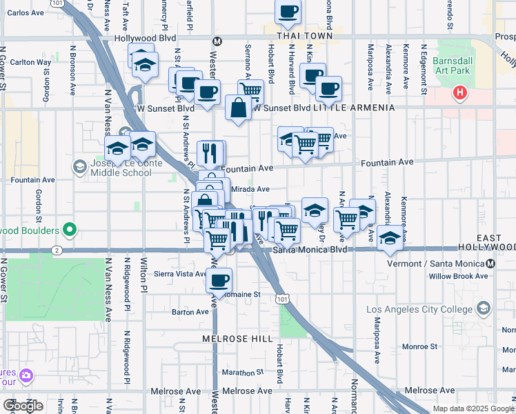 map of restaurants, bars, coffee shops, grocery stores, and more near 1218 North Serrano Avenue in Los Angeles