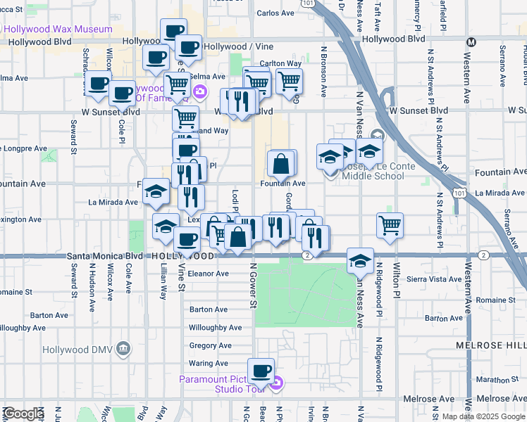 map of restaurants, bars, coffee shops, grocery stores, and more near 1233 North Beachwood Drive in Los Angeles