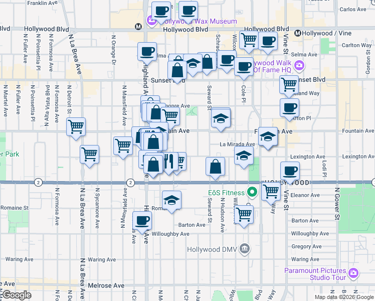 map of restaurants, bars, coffee shops, grocery stores, and more near 1234 North Cherokee Avenue in Los Angeles