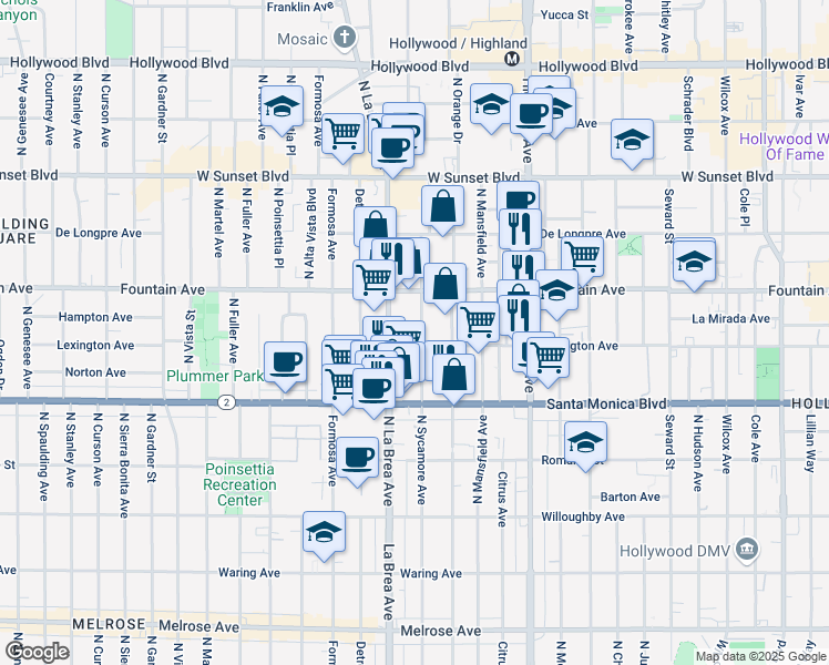 map of restaurants, bars, coffee shops, grocery stores, and more near 1232 North Sycamore Avenue in Los Angeles