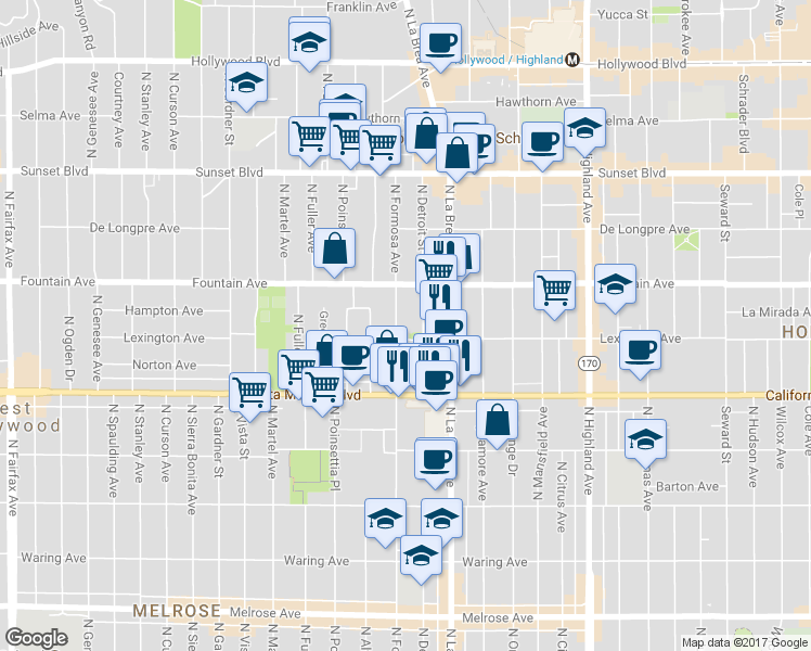 map of restaurants, bars, coffee shops, grocery stores, and more near 1231 North Detroit Street in West Hollywood