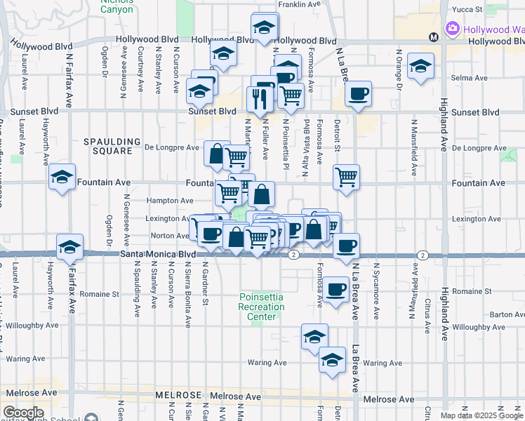 map of restaurants, bars, coffee shops, grocery stores, and more near 1236 1/2 North Fuller Avenue in West Hollywood