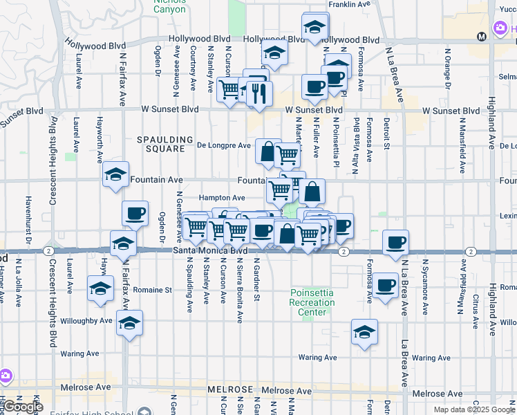 map of restaurants, bars, coffee shops, grocery stores, and more near 7508 Hampton Avenue in West Hollywood