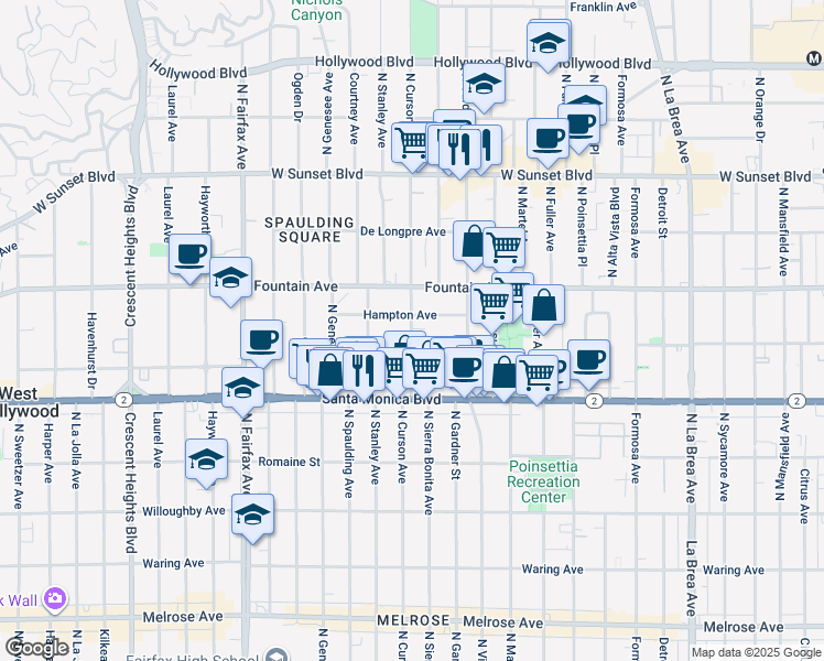 map of restaurants, bars, coffee shops, grocery stores, and more near 7548 Hampton Avenue in West Hollywood