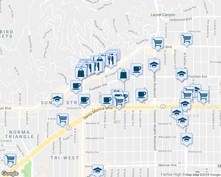 map of restaurants, bars, coffee shops, grocery stores, and more near 1264 North Kings Road in West Hollywood