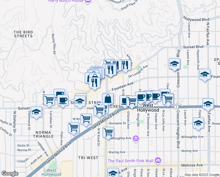 map of restaurants, bars, coffee shops, grocery stores, and more near 1228 North La Cienega Boulevard in West Hollywood