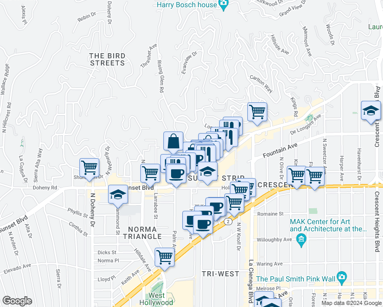map of restaurants, bars, coffee shops, grocery stores, and more near 1227 Sunset Plaza Drive in Los Angeles