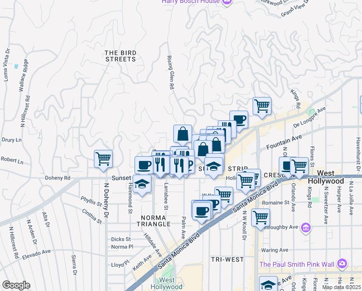 map of restaurants, bars, coffee shops, grocery stores, and more near 8732 Saint Ives Drive in Los Angeles