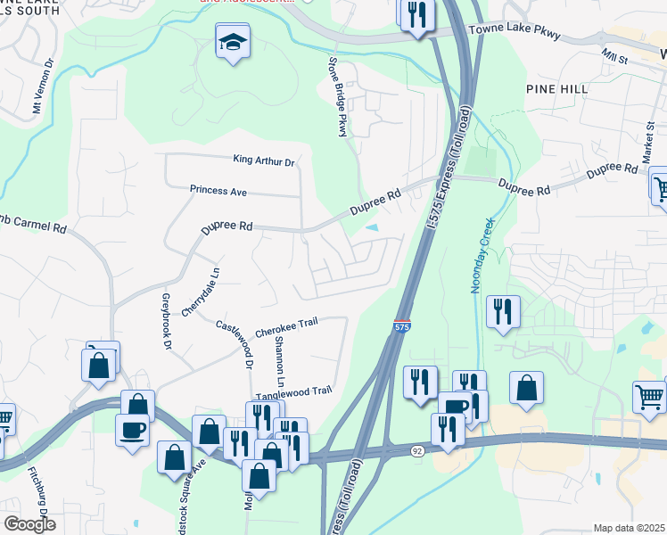 map of restaurants, bars, coffee shops, grocery stores, and more near 308 Rusty Gate Pass in Woodstock