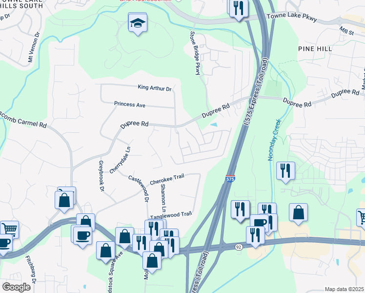 map of restaurants, bars, coffee shops, grocery stores, and more near 213 Prairie Lane in Woodstock