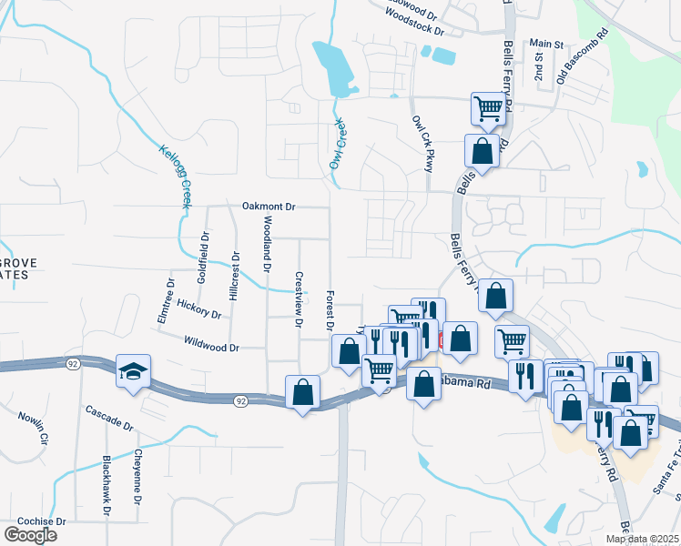 map of restaurants, bars, coffee shops, grocery stores, and more near 5702 Forest Drive in Acworth