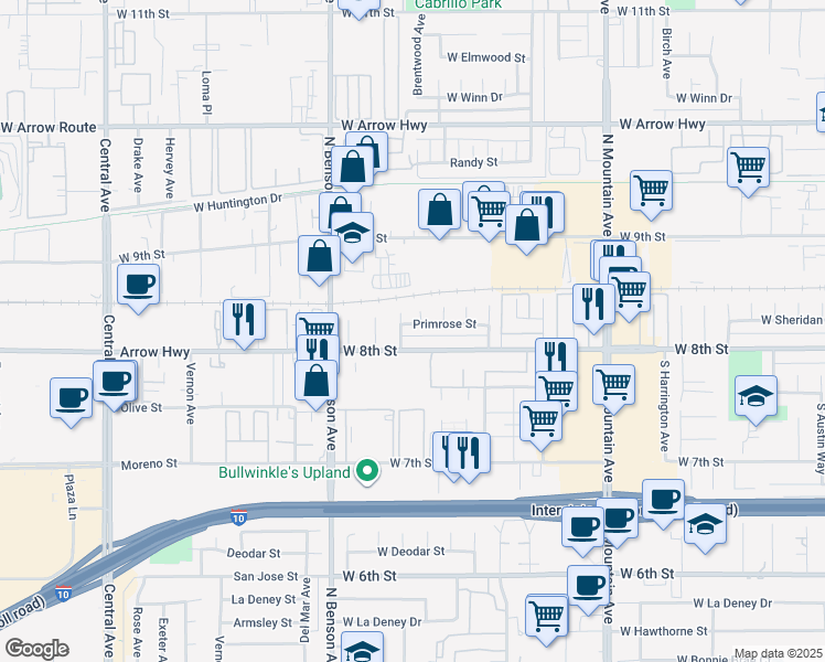 map of restaurants, bars, coffee shops, grocery stores, and more near 1489 Primrose Street in Upland