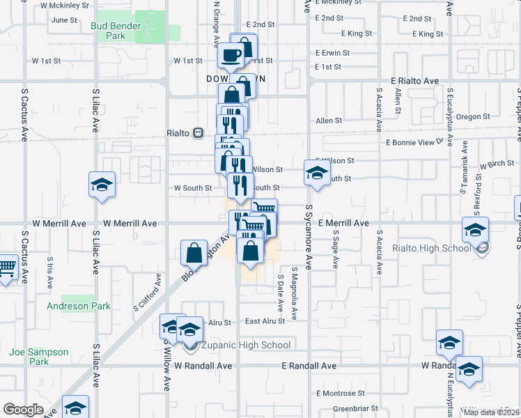 map of restaurants, bars, coffee shops, grocery stores, and more near 162 East Merrill Avenue in Rialto