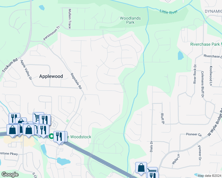 map of restaurants, bars, coffee shops, grocery stores, and more near 916 Bendleton Drive in Woodstock