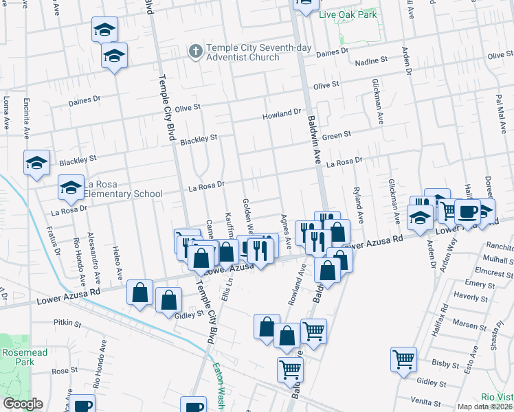 map of restaurants, bars, coffee shops, grocery stores, and more near 9837 Key West Street in Temple City