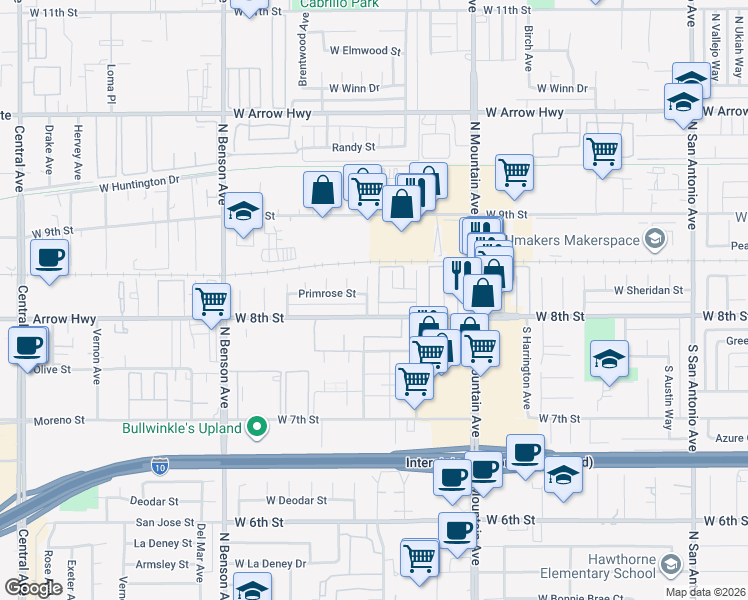 map of restaurants, bars, coffee shops, grocery stores, and more near 172 South Spencer Avenue in Upland