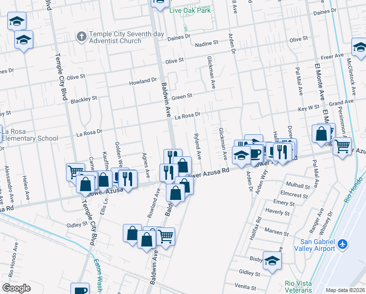 map of restaurants, bars, coffee shops, grocery stores, and more near 4918 Baldwin Avenue in Temple City