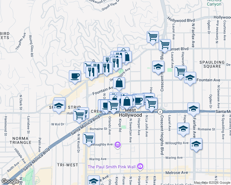 map of restaurants, bars, coffee shops, grocery stores, and more near 1250 Kings Road in West Hollywood