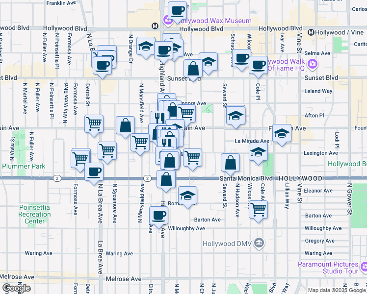 map of restaurants, bars, coffee shops, grocery stores, and more near 1215 North Garbo Lane in Los Angeles