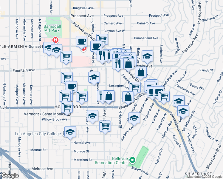map of restaurants, bars, coffee shops, grocery stores, and more near 1175 North Commonwealth Avenue in Los Angeles