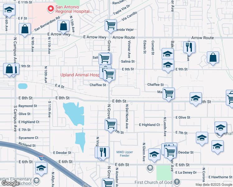 map of restaurants, bars, coffee shops, grocery stores, and more near 8837 North Grove Avenue in Rancho Cucamonga