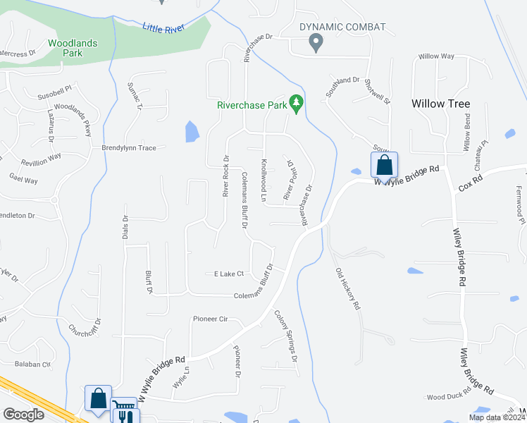 map of restaurants, bars, coffee shops, grocery stores, and more near 313 Knollwood Lane in Woodstock