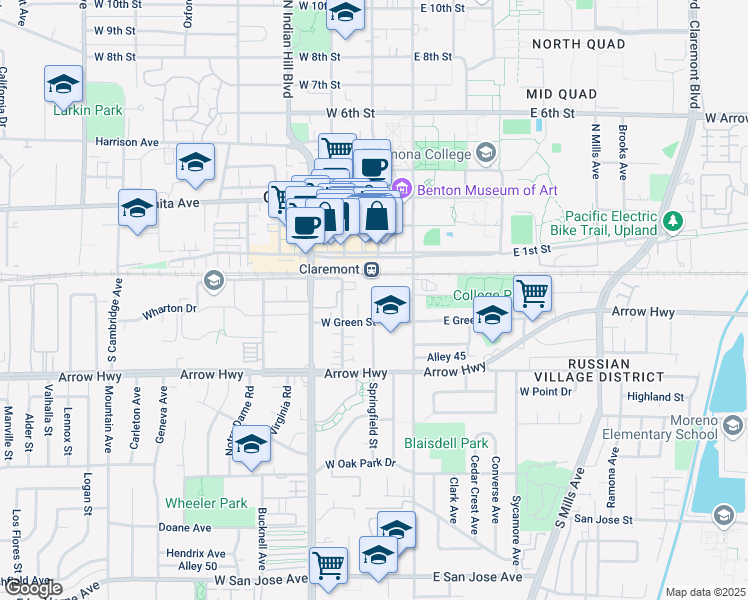 map of restaurants, bars, coffee shops, grocery stores, and more near in Claremont