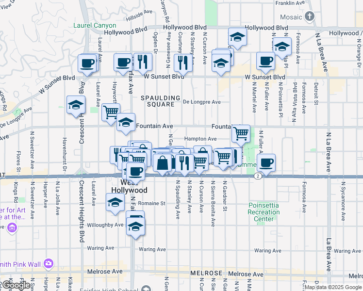 map of restaurants, bars, coffee shops, grocery stores, and more near 2 Lexington Avenue in Los Angeles