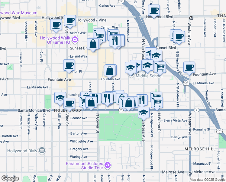 map of restaurants, bars, coffee shops, grocery stores, and more near Gordon Street in West Hollywood