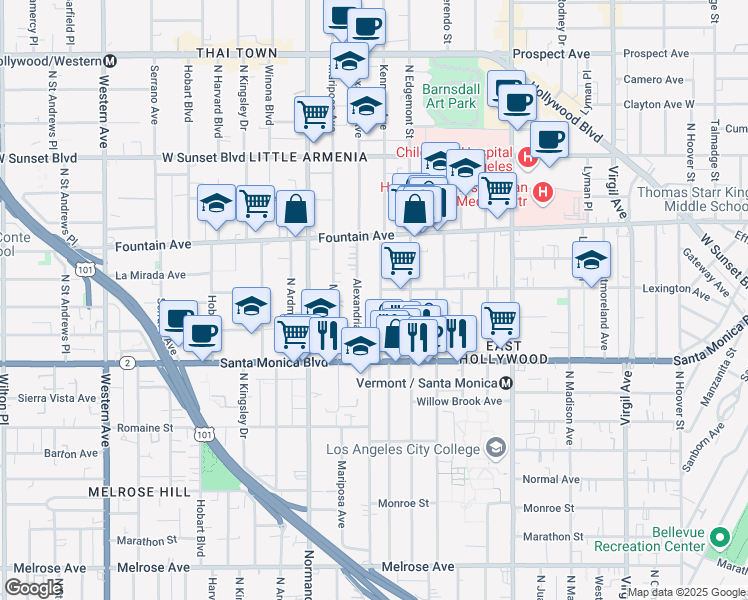 map of restaurants, bars, coffee shops, grocery stores, and more near 1171 North Kenmore Avenue in Los Angeles