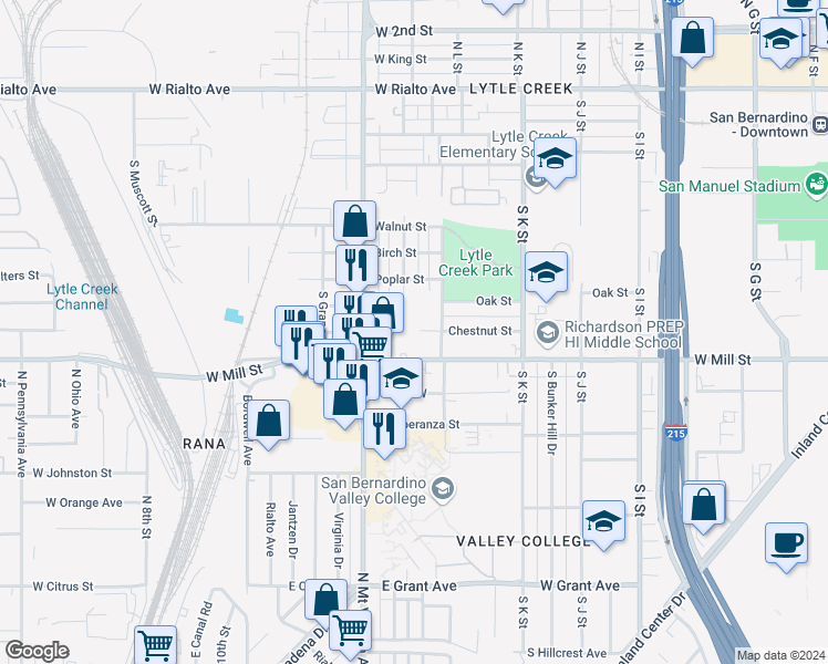 map of restaurants, bars, coffee shops, grocery stores, and more near 455 Pear Street in San Bernardino