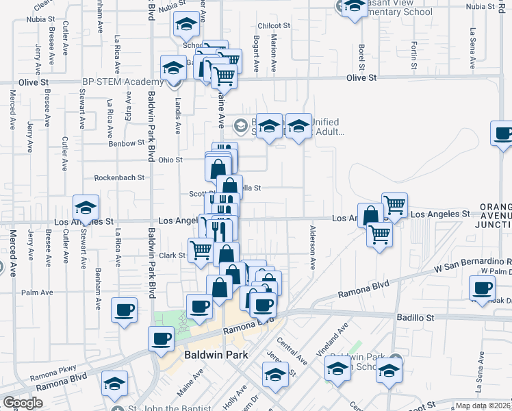 map of restaurants, bars, coffee shops, grocery stores, and more near 14522 Demblon Street in Baldwin Park