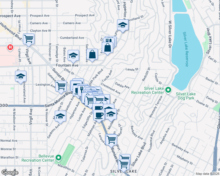 map of restaurants, bars, coffee shops, grocery stores, and more near Crestmont Avenue in Los Angeles