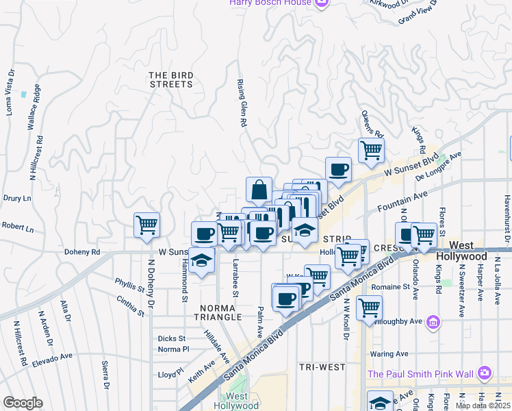map of restaurants, bars, coffee shops, grocery stores, and more near 8732 Saint Ives Drive in Los Angeles