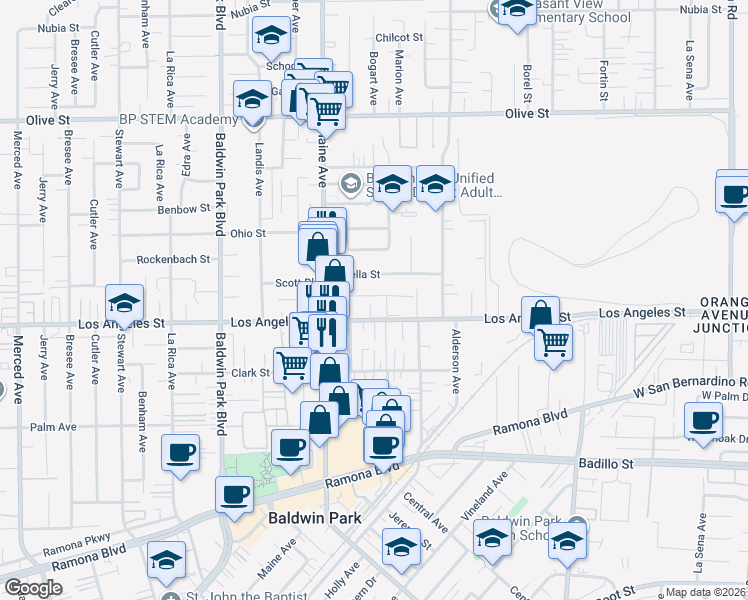 map of restaurants, bars, coffee shops, grocery stores, and more near 14522 Demblon Street in Baldwin Park