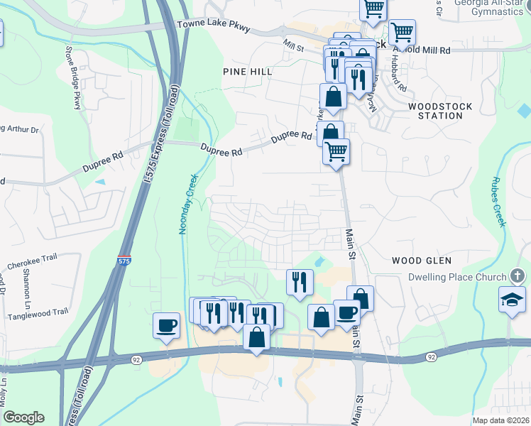 map of restaurants, bars, coffee shops, grocery stores, and more near 270 Dawson Drive in Woodstock