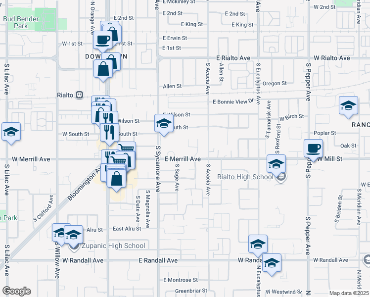 map of restaurants, bars, coffee shops, grocery stores, and more near 470 South Marcella Avenue in Rialto