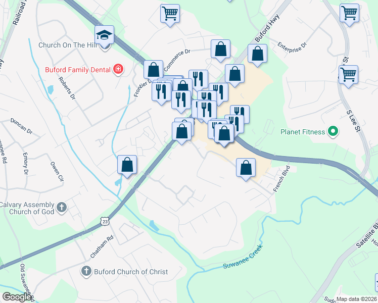 map of restaurants, bars, coffee shops, grocery stores, and more near 4388 Sudderth Road Northeast in Buford