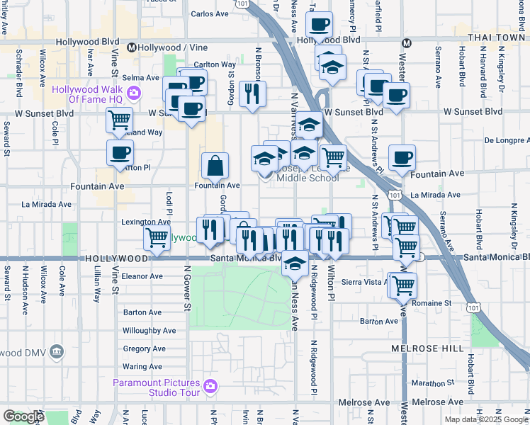 map of restaurants, bars, coffee shops, grocery stores, and more near 5853 Lexington Avenue in Los Angeles