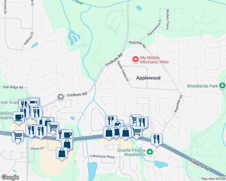 map of restaurants, bars, coffee shops, grocery stores, and more near 170 Regent Place in Woodstock