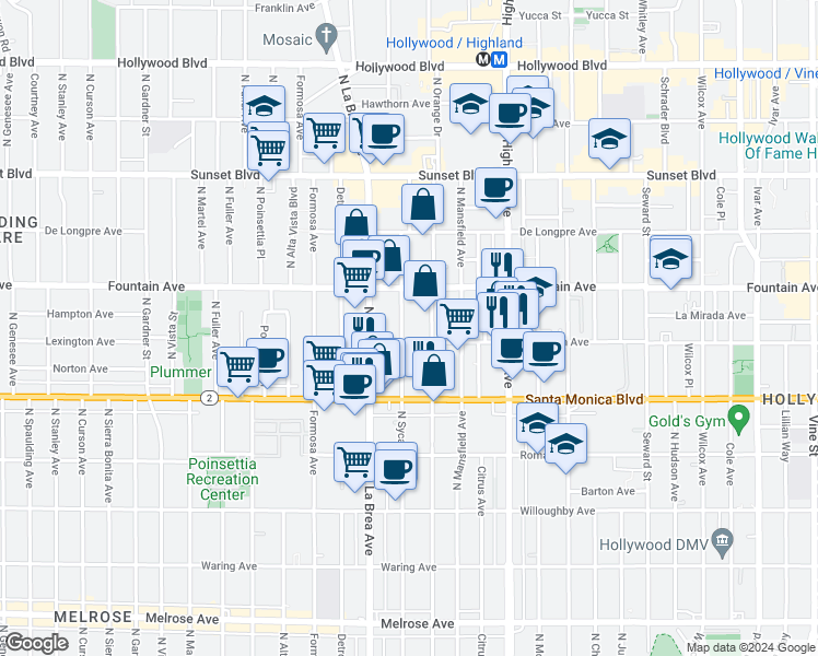 map of restaurants, bars, coffee shops, grocery stores, and more near 846 2/5 North Sycamore Avenue in Los Angeles