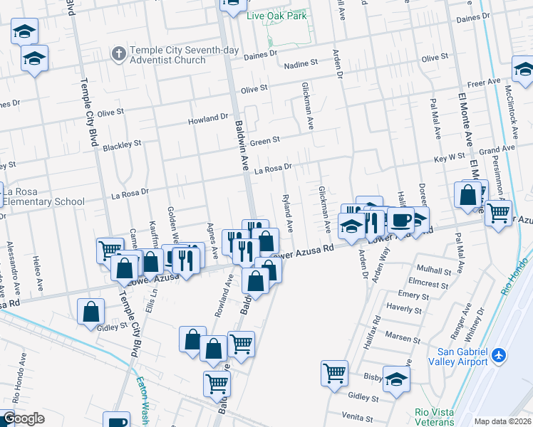 map of restaurants, bars, coffee shops, grocery stores, and more near 4918 Baldwin Avenue in Temple City