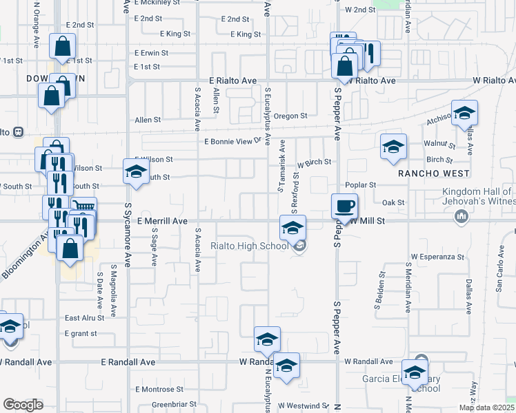 map of restaurants, bars, coffee shops, grocery stores, and more near 443 South Pampas Avenue in Rialto