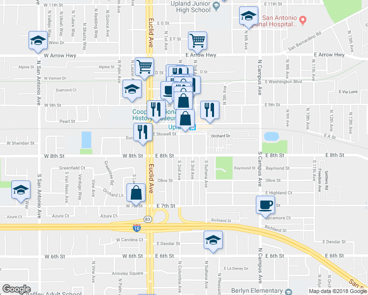 map of restaurants, bars, coffee shops, grocery stores, and more near 176 South 2nd Avenue in Upland