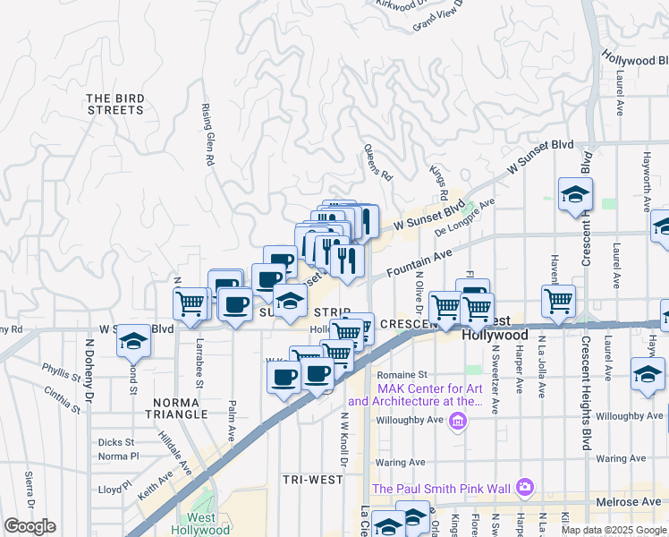 map of restaurants, bars, coffee shops, grocery stores, and more near 8560 Sunset Boulevard in West Hollywood