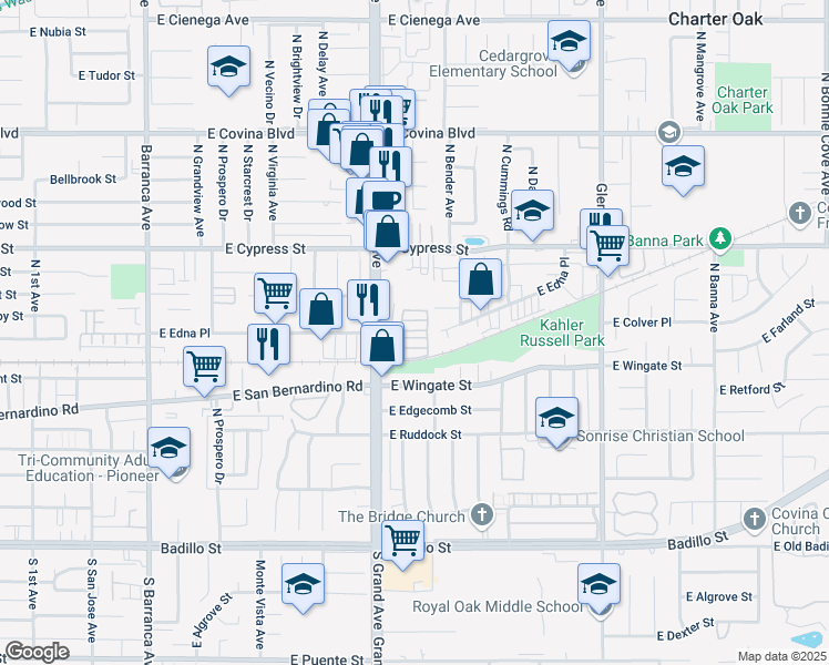map of restaurants, bars, coffee shops, grocery stores, and more near 716 North Grand Avenue in Covina